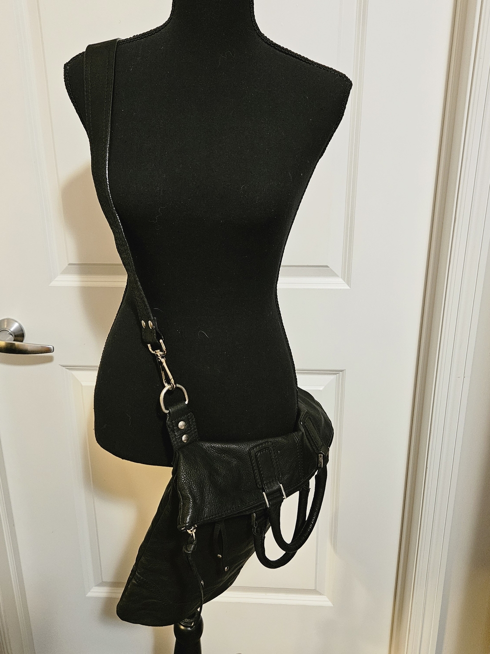 Black Leather Shoulder Bag with Crossbody Strap